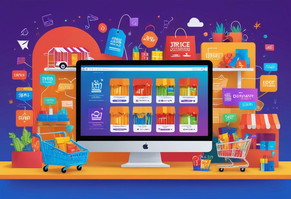 An inviting online shopping scene showcasing a computer screen displaying various product comparisons, surrounded by shopping elements like carts, tags, and discount icons. The background should have a cozy atmosphere with warm lighting, indicating a smart and savvy shopping vibe. Include a smartphone showcasing a PeavyMart app for added context. modern digital art. vibrant colors.