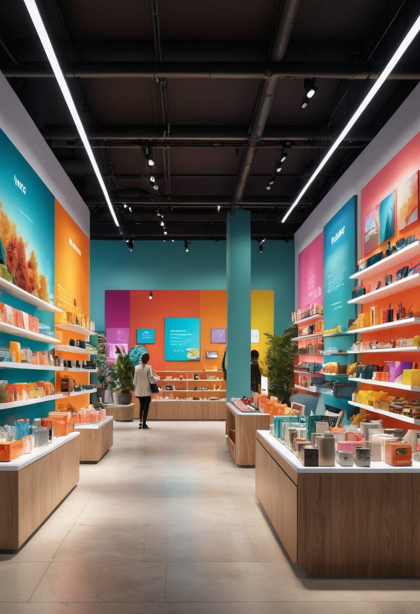 A modern retail space showcasing a diverse range of consumer goods and lifestyle essentials, with shoppers exploring trendy items. Include bright displays, vibrant colors, and innovative product layouts that embody the latest trends. Overlay dynamic graphs and charts subtly in the background, illustrating consumer analysis. Ensure a bustling, lively atmosphere that resonates with anticipation and excitement. 3D. vibrant colors. contemporary style.