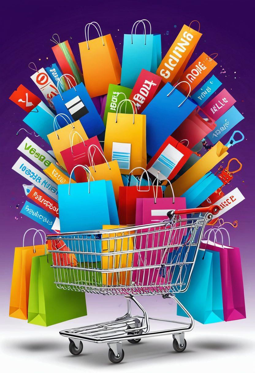 A visually appealing layout featuring a shopping cart overflowing with colorful products like electronics, groceries, and fashion items. Surrounding the cart are vibrant discount tags and a glowing computer screen displaying PeavyMart's website with enticing deals. The background should suggest an online shopping environment with a digital feel and engaging elements like shopping bags and a friendly mascot. Illustrative style with bright, vibrant colors to capture attention. vector art. vibrant colors.